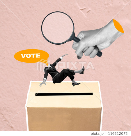 A human hand holding a magnifying glass looking at a falling businesswoman to the ballot box with the head of the speech bubble with vote text 116312073