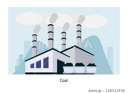 Energy power plant. Industrial building with smoking chimneys. Minimal style drawing. Factory and manufacture. Electricity station. Harmful emission. Vector cartoon flat isolated illustration Energy power plant. Industrial building with smoking chimneys. Minimal style drawing. Factory and manufacture. Electricity station. Harmful emission. Vector cartoon flat isolated illustration 116312438