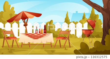 BBQ party. Picnic on backyard garden. Outdoor lunch cooking under umbrella. Barbecue grill. Table with chairs. Wooden fence and green trees. Summer landscape. Vector cartoon background 116312575