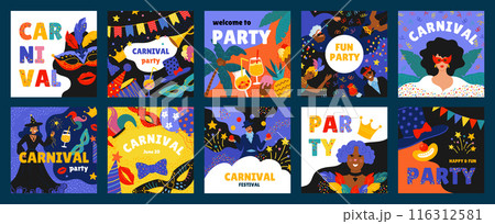 Carnival poster. Festival party costume, festive music people dance in circus or concert, happy woman. Music Brazilian fest. Cartoon flat style isolated illustration set. Vector backgrounds Carnival poster. Festival party costume, festive music people dance in circus or concert, happy woman. Music Brazilian fest. Cartoon flat style isolated illustration set. Vector backgrounds 116312581