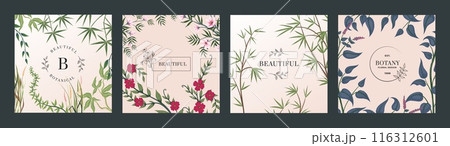 Floral poster set. Frame with copy space. Flower and tropical leaves botanical design. Spring wedding invitation design. Square background. Social media post, card or cover. Vector illustration Floral poster set. Frame with copy space. Flower and tropical leaves botanical design. Spring wedding invitation design. Square background. Social media post, card or cover. Vector illustration 116312601