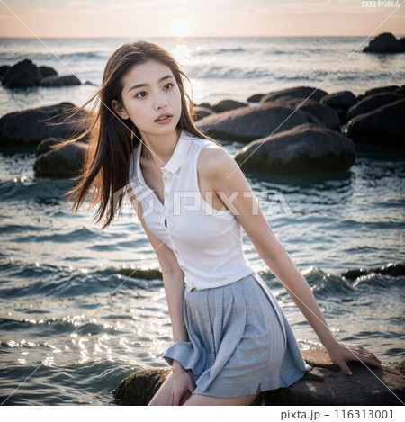 海岸でポーズをとる女性 海岸でポーズをとる女性 116313001