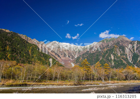 上高地の絶景【2023秋】梓川沿い遊歩道から望む穂高連峰 116313205