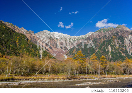 上高地の絶景【2023秋】梓川沿い遊歩道から望む穂高連峰 116313206