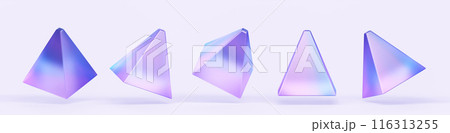 Hologram pyramid geometric shape in different angle 3d render icon set. Abstract translucent triangle figure of glass or plastic with iridescent neon hologram gradient, design element. 3D illustration Hologram pyramid geometric shape in different angle 3d render icon set. Abstract translucent triangle figure of glass or plastic with iridescent neon hologram gradient, design element. 3D illustration 116313255