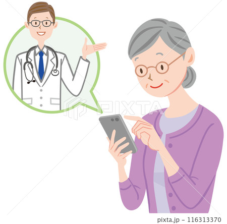 スマホでオンライン診療を受ける高齢女性　薬の説明をする医者 116313370