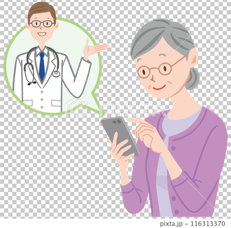 スマホでオンライン診療を受ける高齢女性　薬の説明をする医者 116313370