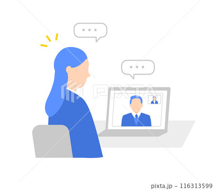 就職活動でオンライン面接を受ける女性のイラスト 就職活動でオンライン面接を受ける女性のイラスト 116313599