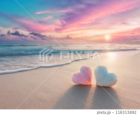 美しい夕焼けの海と2つ並んだハートの貝殻、ロマンチックで可愛い恋のイメージ 美しい夕焼けの海と2つ並んだハートの貝殻、ロマンチックで可愛い恋のイメージ 116313892