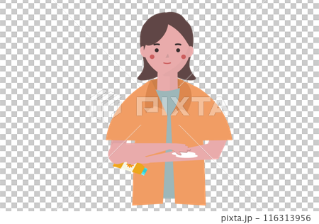 日焼け止めを塗る女性。日焼け予防。日焼け防止。サンクリーム。夏のスキンケア。ベクターイラスト 116313956