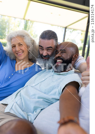 At home, Diverse group of senior friends taking selfie, smiling and enjoying time together 116314174