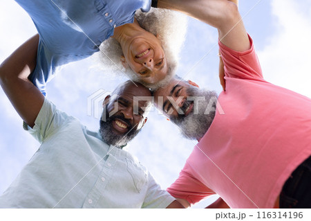Group of senior friends huddling outdoors, smiling and enjoying time together 116314196