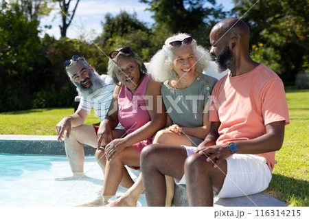 Diverse group of seniors sitting by pool, enjoying sunny day together 116314215