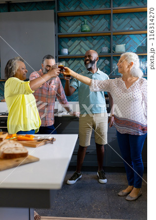 At home, Group of friends toasting drinks in modern kitchen, enjoying time together 116314270