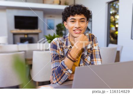 Smiling teenage boy sitting at home using laptop, feeling confident and relaxed Smiling teenage boy sitting at home using laptop, feeling confident and relaxed 116314829