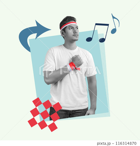 Young man showing patriotism with indonesia flag symbol while listening music 116314870