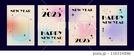 Y2k happy New Year 2025 retro poster set. Minimalist Design template with stars, shapes Y2k happy New Year 2025 retro poster set. Minimalist Design template with stars, shapes 116314896