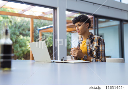 Using laptop, teenage boy with notebook studying at home, focusing on work, copy space 116314924
