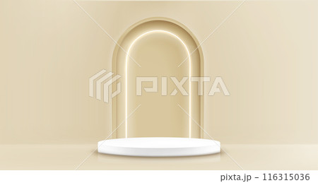 Product podium with neon glowing decorative arch 116315036