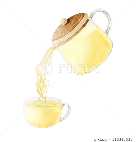 Herbal green tea pours from teapot into a glass cup watercolor illustration isolated. Organic ginger lemon drink Herbal green tea pours from teapot into a glass cup watercolor illustration isolated. Organic ginger lemon drink 116315535
