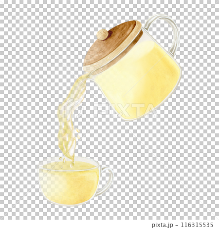 Herbal green tea pours from teapot into a glass cup watercolor illustration isolated. Organic ginger lemon drink Herbal green tea pours from teapot into a glass cup watercolor illustration isolated. Organic ginger lemon drink 116315535