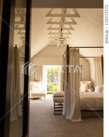 Elegant bedroom with canopy bed and cozy armchair, sunlight streaming in, copy space 116315572