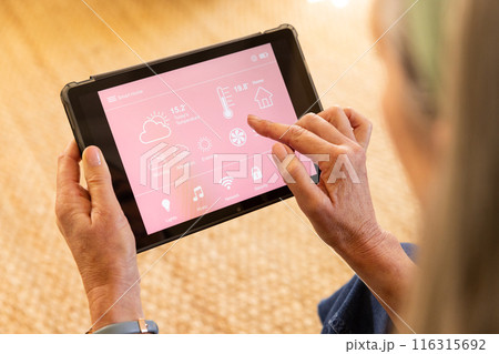 Using tablet, woman controlling smart home settings and monitoring temperature Using tablet, woman controlling smart home settings and monitoring temperature 116315692