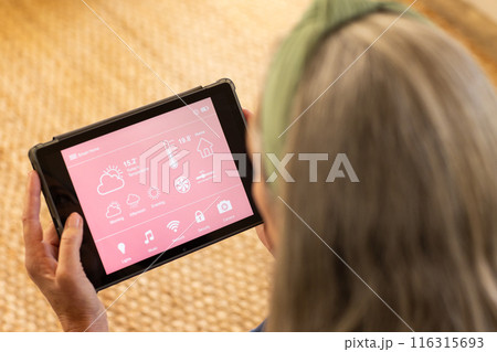 Using tablet, woman managing smart home settings and checking weather forecast Using tablet, woman managing smart home settings and checking weather forecast 116315693