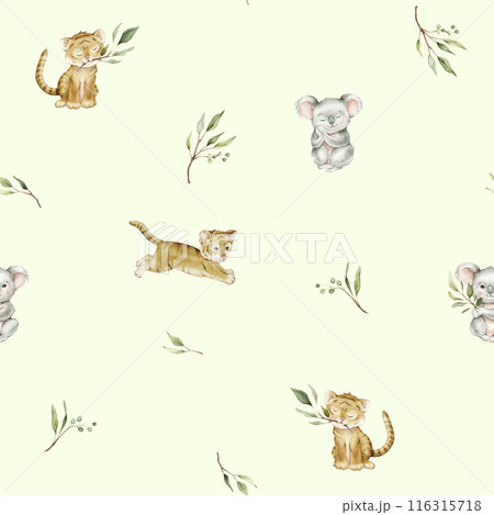 Seamless pattern with green eucalyptus leaves and cute tiger and koala. Watercolor isolated illustration on light green background. Cartoon kids print with animals minimalist scandinavian style. 116315718