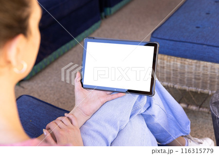 Holding tablet, young woman relaxing at home, sitting on couch, copy space 116315779