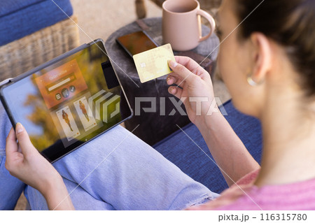 Online shopping, woman holding credit card and using tablet at home 116315780