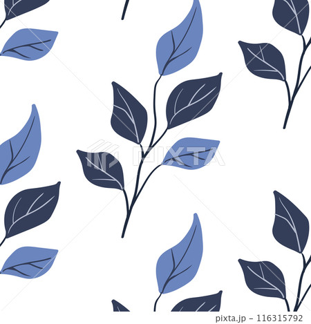 Seamless pattern. Simple Plant. Simple branch blue leaves. White background. Decorative ornament in Scandinavian style. Hand drown. Flat vector illustration 116315792
