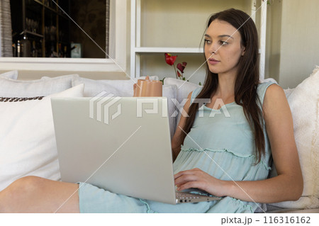 Using laptop and drinking coffee, woman working from home on couch Using laptop and drinking coffee, woman working from home on couch 116316162