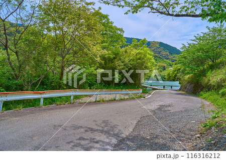 高知県四万十市の四万十川に架かる三里橋(三里沈下橋)のたもとを北側から見る 116316212