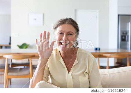 Smiling woman waving hand while on video call on couch in living room 116316244
