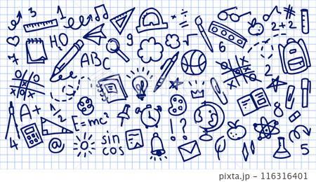 Back to school doodle hand drawn elements, vector set. School supplies and creative elements isolated on white checkered background, school notebook. Cute illustration sketches, line stickers. 116316401