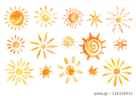 Vector hand drawn watercolor suns set. Creative doodle elements, sun shapes with artistic aquarelle stains, yellow and orange fire colours. Design collection. 116316412