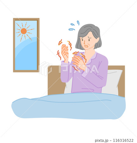 女性の更年期障害：朝起きると手や指がこわばって辛いシニア女性 116316522