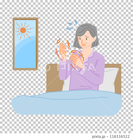 女性の更年期障害：朝起きると手や指がこわばって辛いシニア女性 116316522