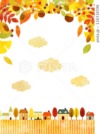 紅葉、郊外街並み、秋、イラスト、背景、水彩、かわいい、しましま、縦 紅葉、郊外街並み、秋、イラスト、背景、水彩、かわいい、しましま、縦 116316596
