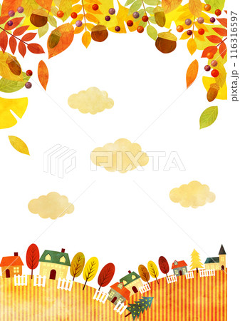 紅葉、田舎の街並み、秋、イラスト、背景、水彩、かわいい、しましま、縦 116316597