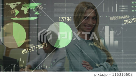 Image of infographic interface over smiling caucasian woman standing arms crossed in office Image of infographic interface over smiling caucasian woman standing arms crossed in office 116316608
