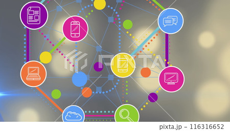 Image of colourful mobile application icons connecting with lines on lens flare 116316652