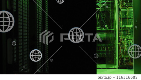 Image of globes over data illuminated server systems in data server room 116316685