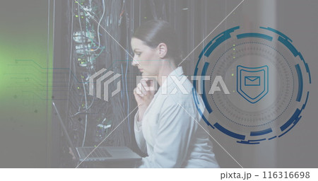 Image of envelope, shield, circles, caucasian woman examining data server using laptop 116316698