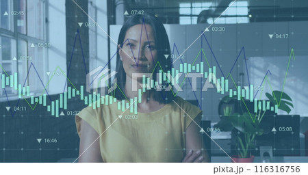 Image of statistical data processing against portrait of biracial woman smiling at office Image of statistical data processing against portrait of biracial woman smiling at office 116316756