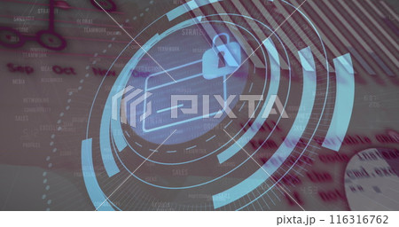 Image of security padlock icon over round scanner against statistical data processing Image of security padlock icon over round scanner against statistical data processing 116316762