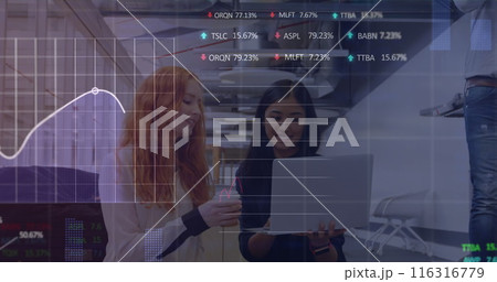 Image of statistical, stock market data processing over two diverse women discussing at office 116316779