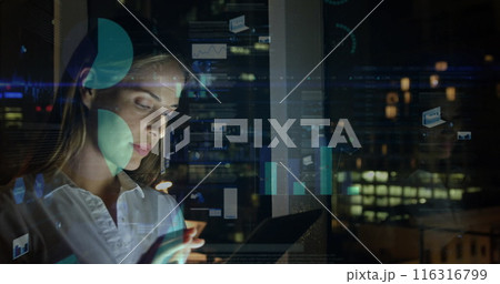 Image of statistical data processing over caucasian woman using tablet working late at office 116316799