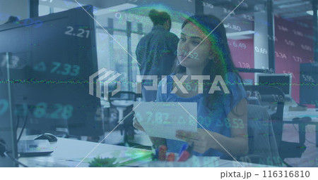 Image of stock market data processing against caucasian woman using computer at office Image of stock market data processing against caucasian woman using computer at office 116316810